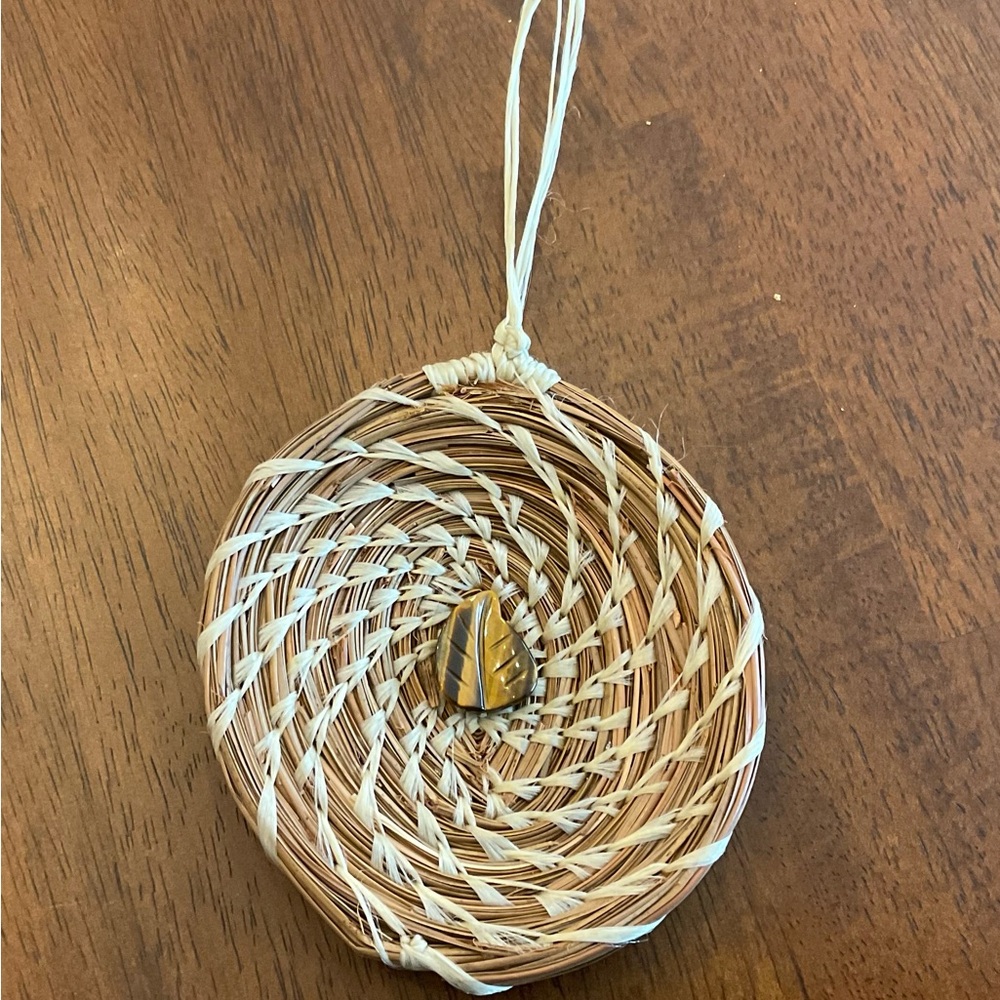 Handcrafted Pine Needle Ornament with  Tiger’s Eye Accent